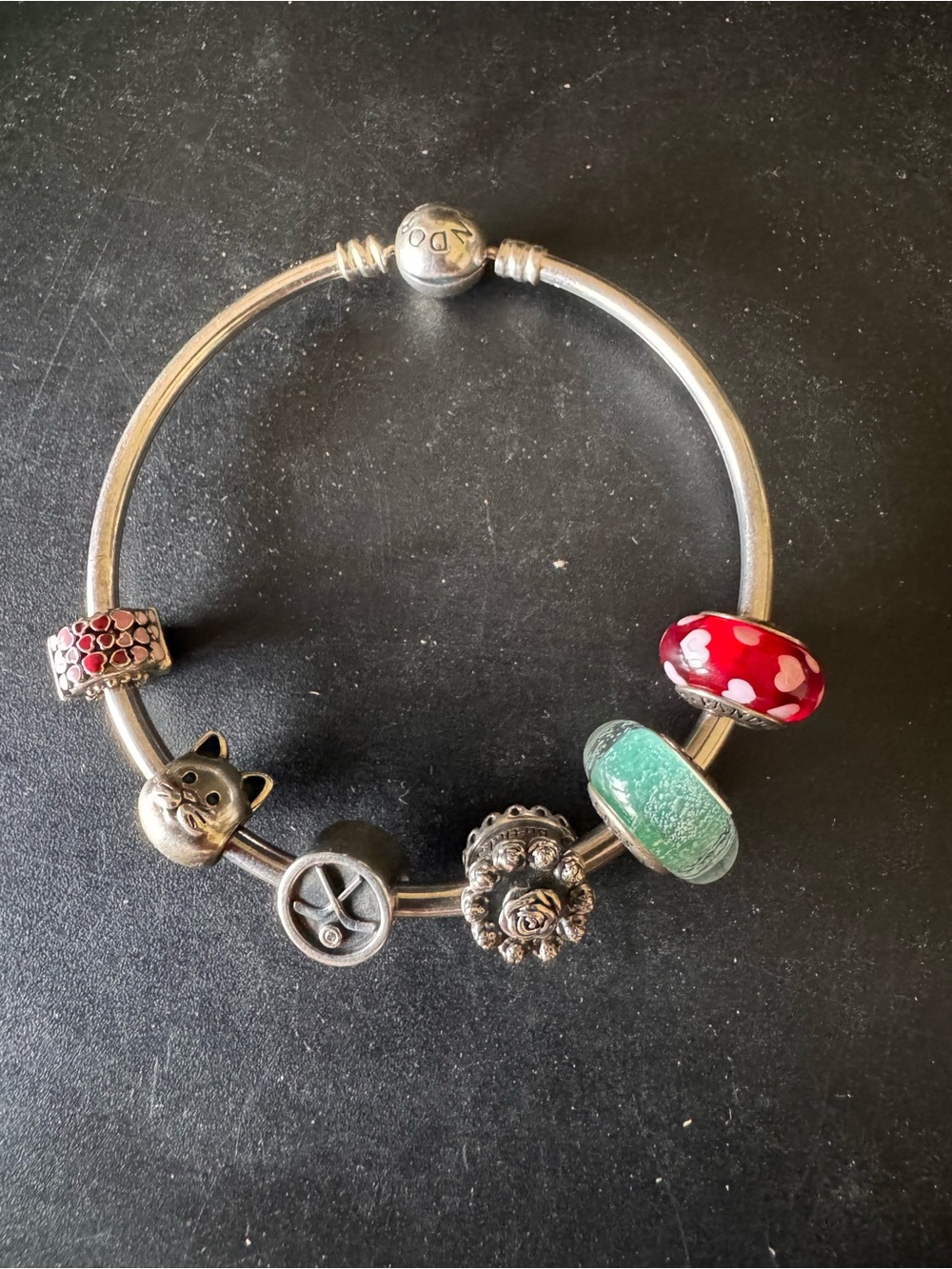 Pandora Charms Red and Green Glass Beads and silver cat etc $10 each